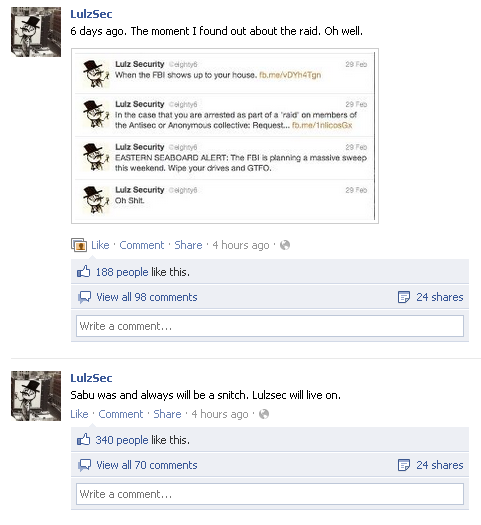lulz sec facebook pages insult to Sabu