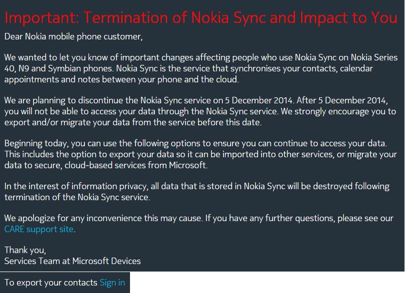 Email Showing End of Nokia Sync To Migrate To Microsoft Cloud JUUCHINI